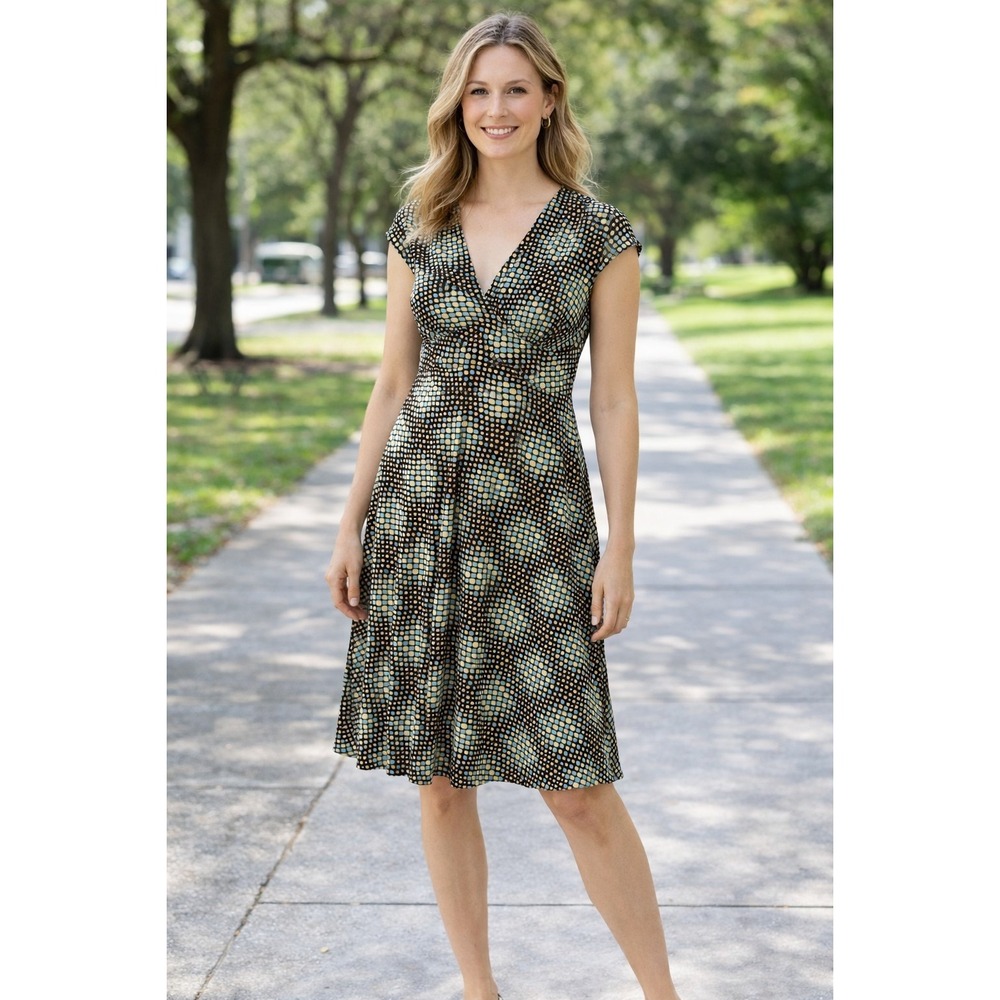 London Times Dress Womens Size 10 Brown Blue Polka Dot V Neck Fit Flare Stretch